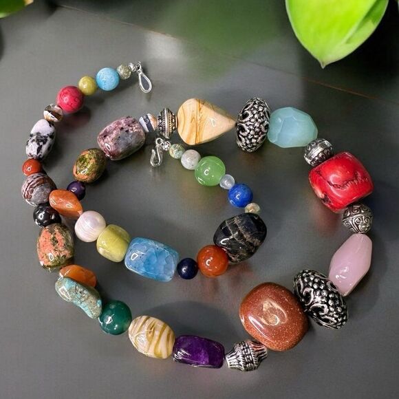 Hand Crafted Jewelry - Handmade Genuine Multi Gemstone Chunky Beads Blessingway Necklace 22” 925 Silver